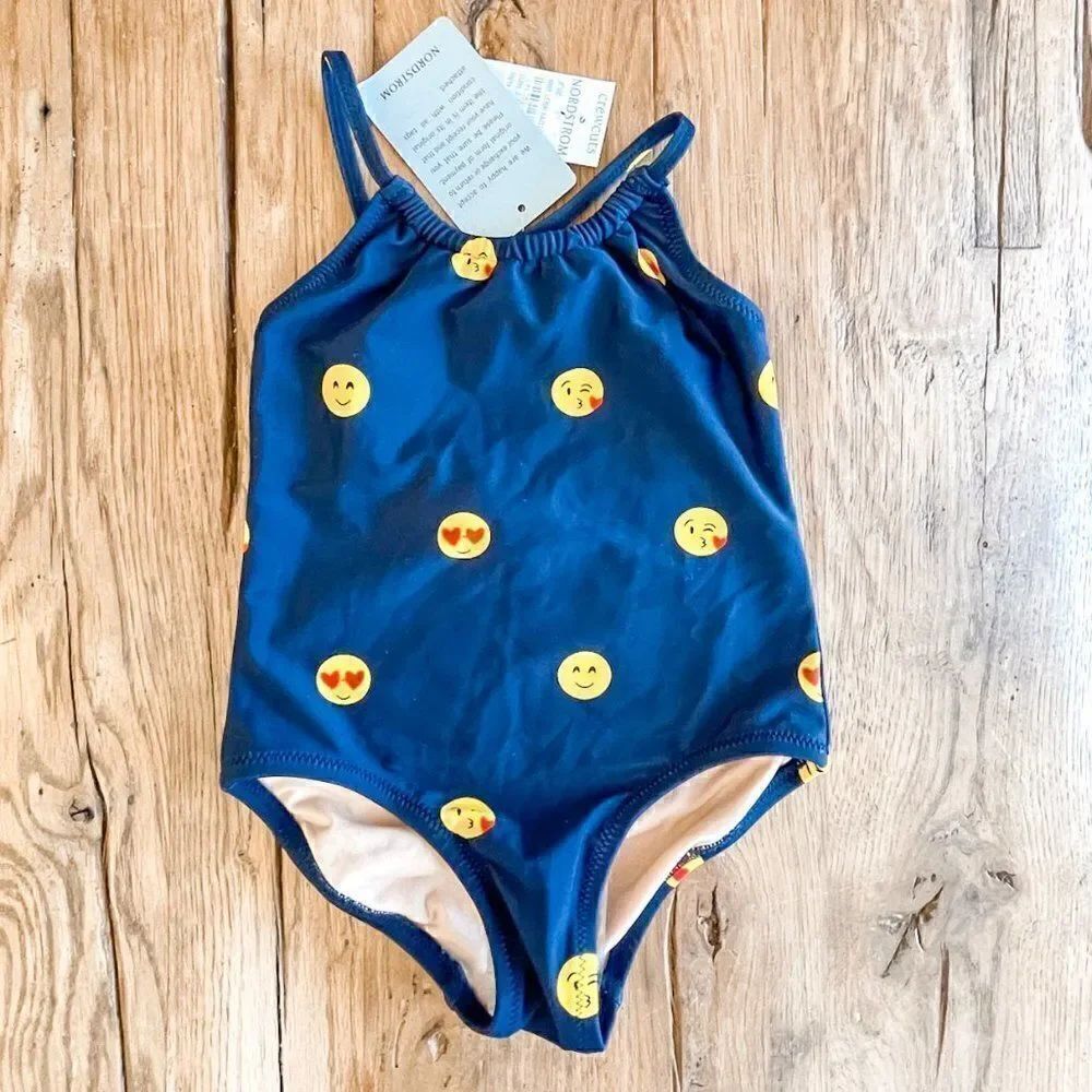 NWT! Crewcuts Happy Love Emoji Navy One-Piece Swimsuit, Size 2